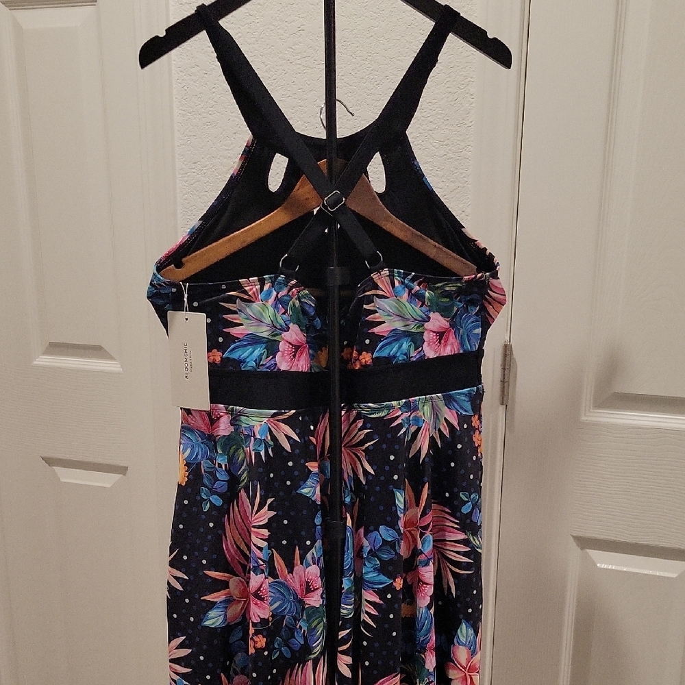 BloomChic Black One-Piece Swimdress with Pink & Blue Tropical Floral Print - Picture 4 of 5